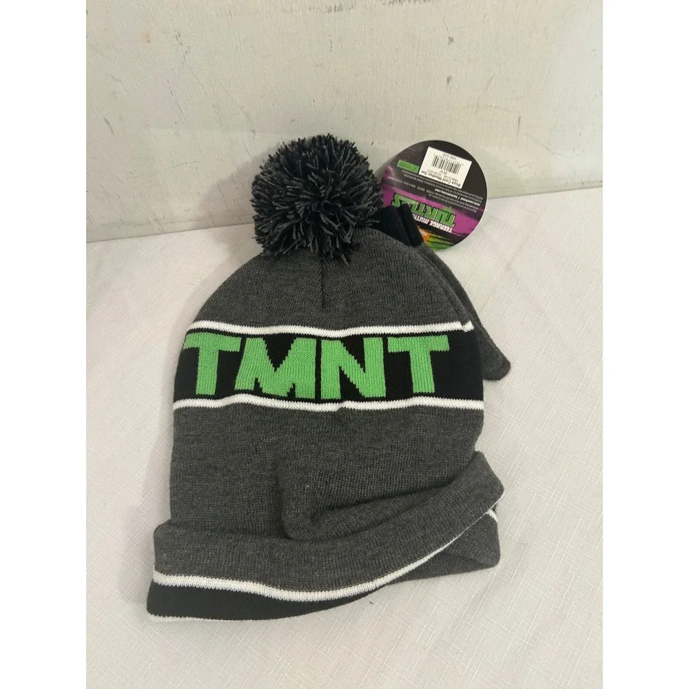 Nickelodeon TMNT Beanie and Gloves Set One Size Grey Knit Pom Pom Kids